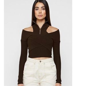 Maniere de Voir | Chocolate Brown Zip Front Cross Over (Long sleeve) Top